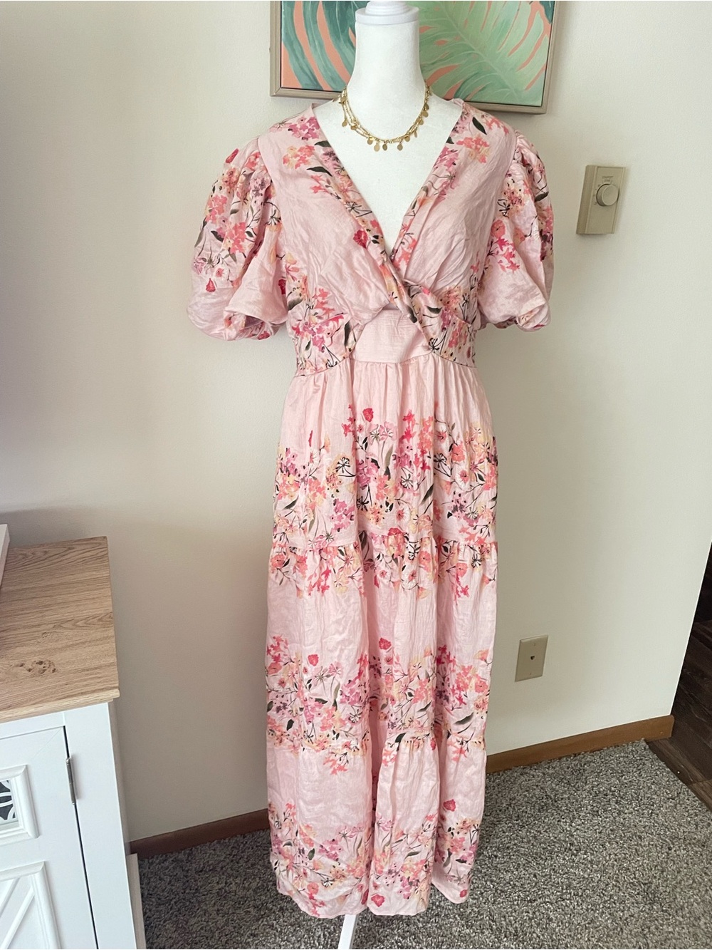 Taylor Puff Sleeve Floral Maxi Dress with Twist Detail in Candy Floss Pink US 10